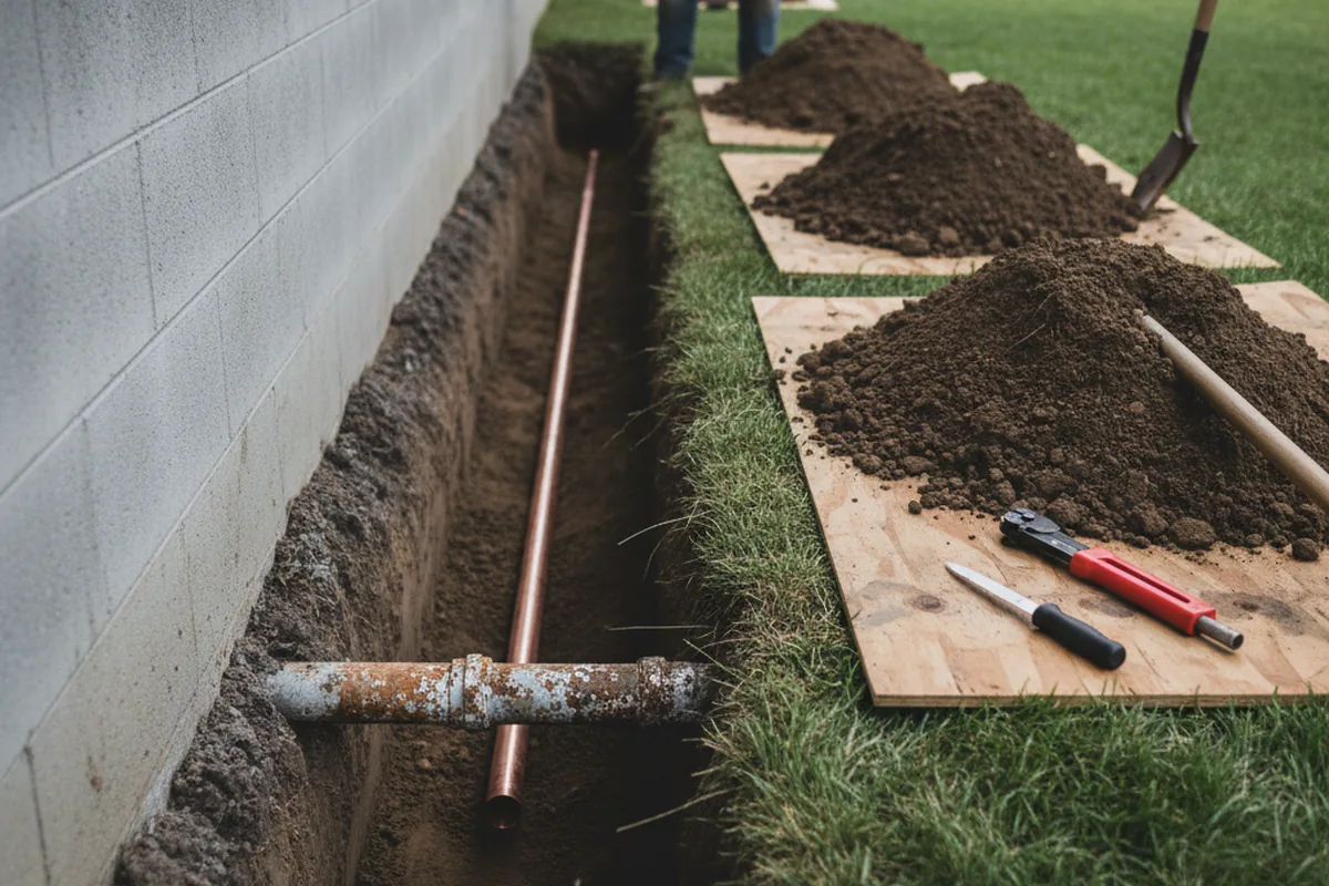 Excavated water line trench during Sewer Line Repair in Elizabethtown
